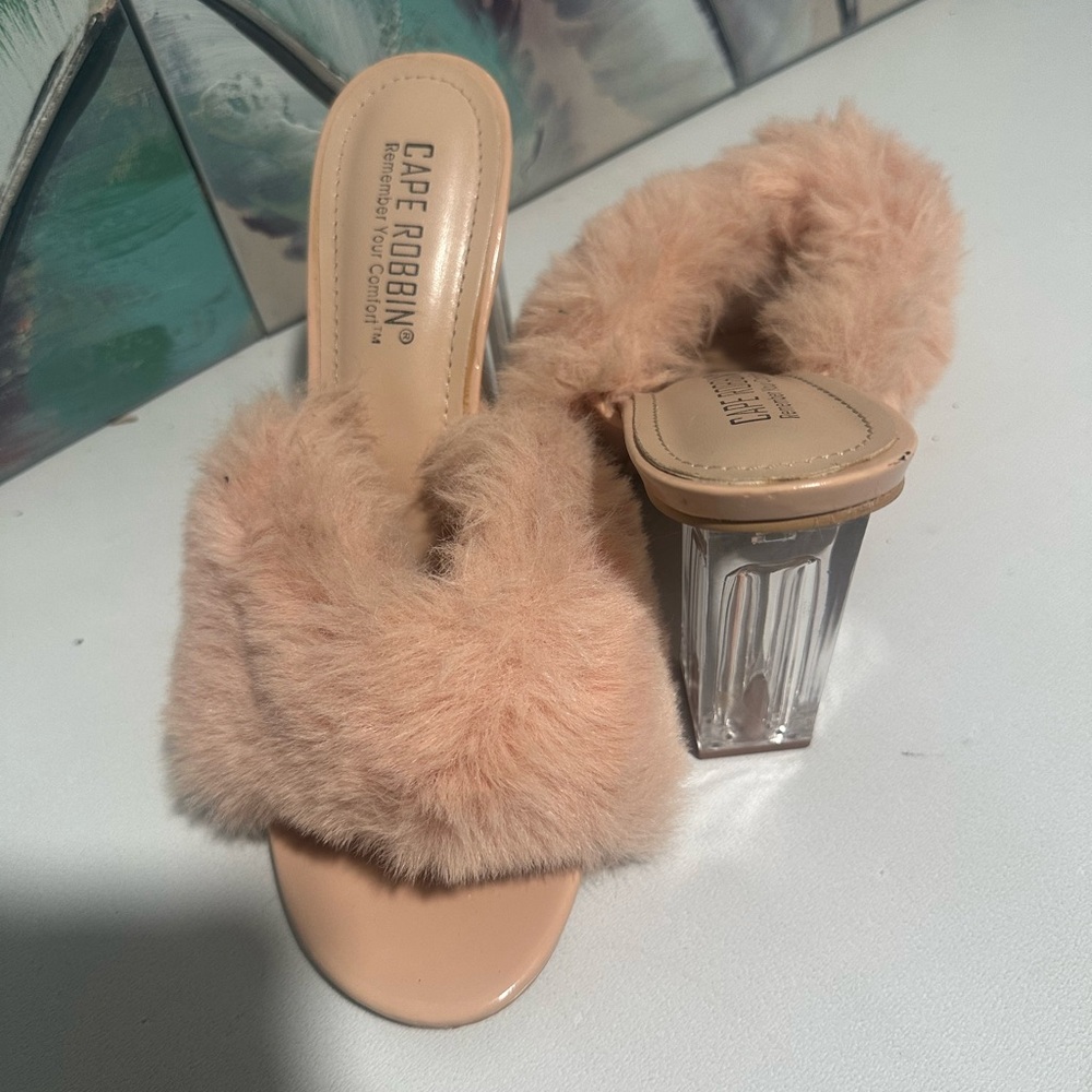 Cape Robbin Fuzzy Nude Heels with Clear Block Heel